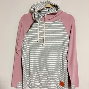 Ampersand Avenue DoubleHood Sweatshirt Grey White Stripe Pink Mauve XXL